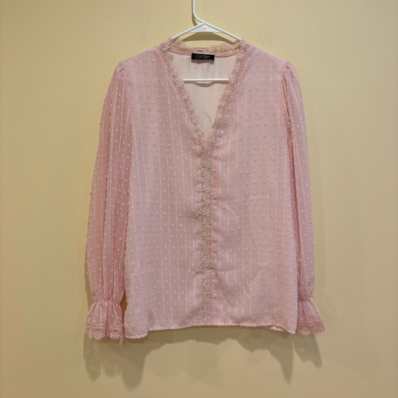 Camisa Pink Swiss Dot Lace Trim Blouse Size M - Picture 1 of 6